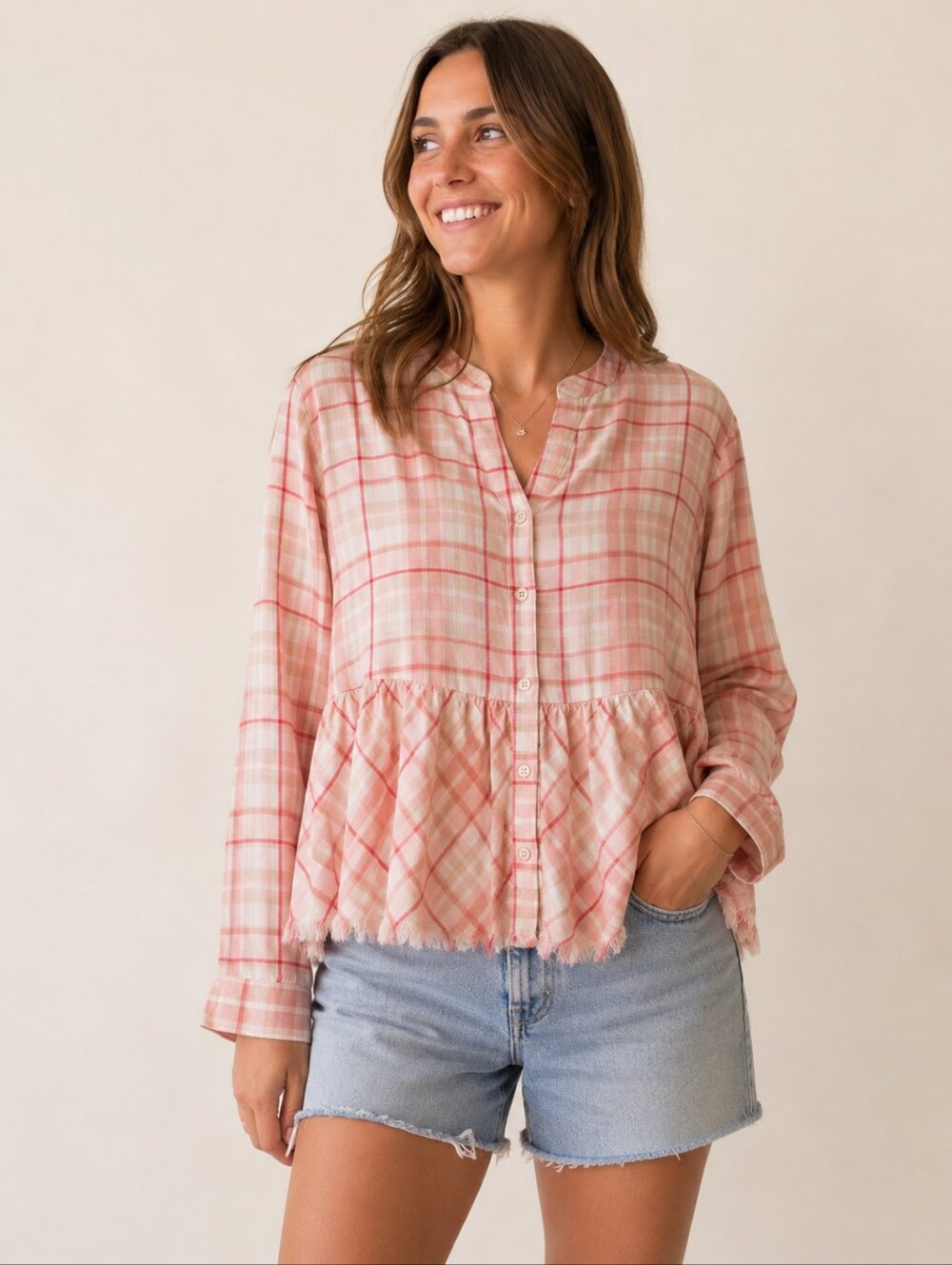 Carve Designs Pink Plaid Peplum Button Front Top Size Small